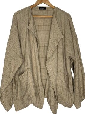Eskandar Linen Jacket Oversized‎ Beige Textured Grid Weave Open Front Lagenlook